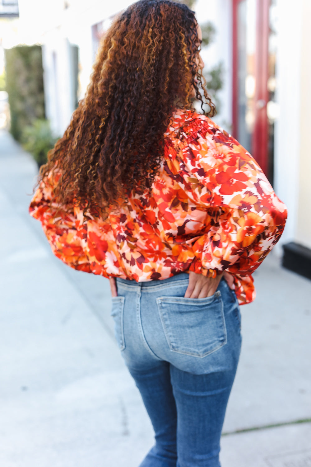 Fall Vibes Rust Floral Print Notched Neck Smocked Satin Top