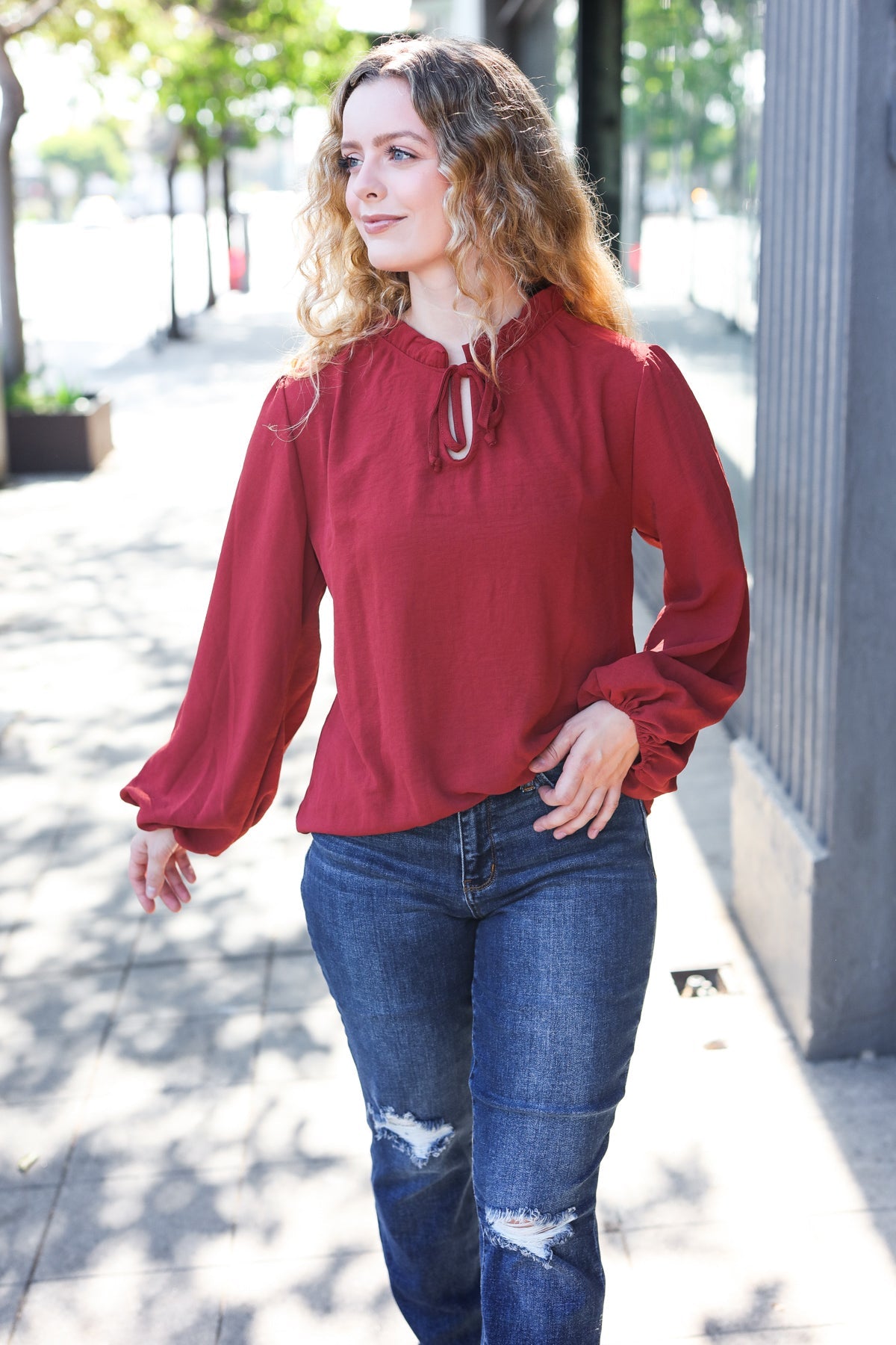 Feeling Femme Off Burgundy Frilled Edge V Neck Tie Top