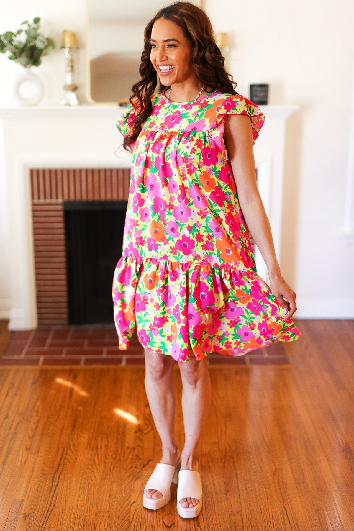 Be Charming Lime & Pink Floral Print Tiered Ruffle Sleeve Dress