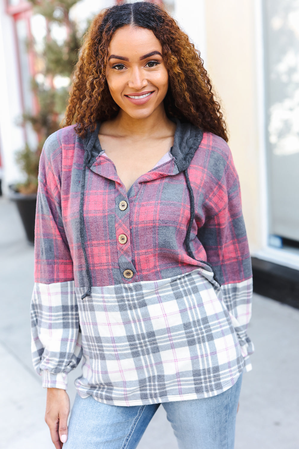 Pretty in Plaid Brushed Hacci Color Block Hoodie