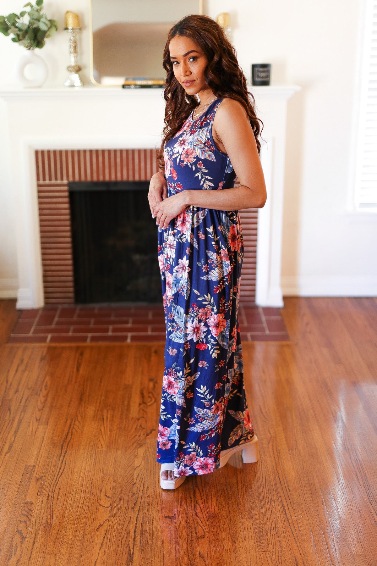 Navy Floral Fit and Flare Sleeveless Maxi Dress