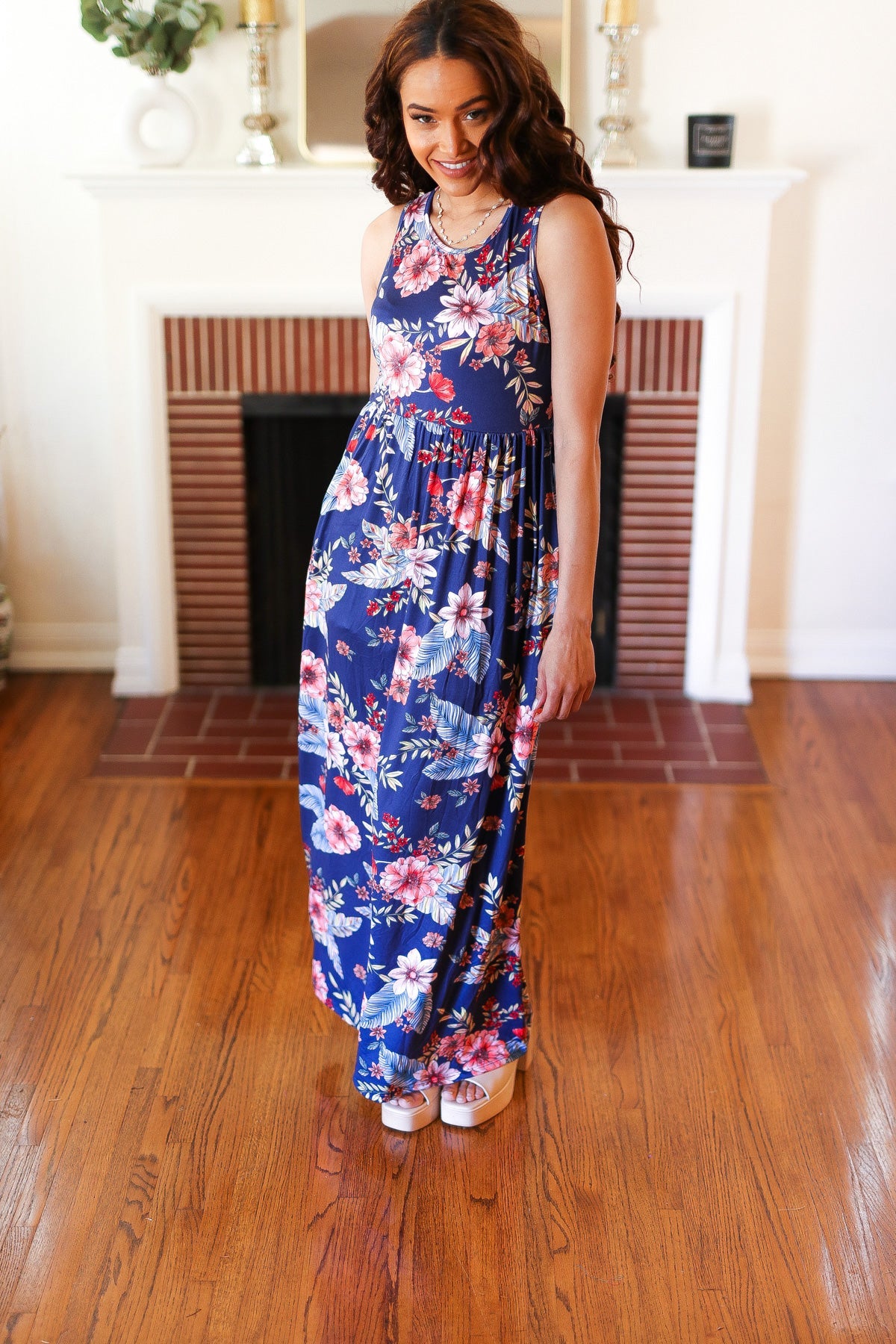 Navy Floral Fit and Flare Sleeveless Maxi Dress