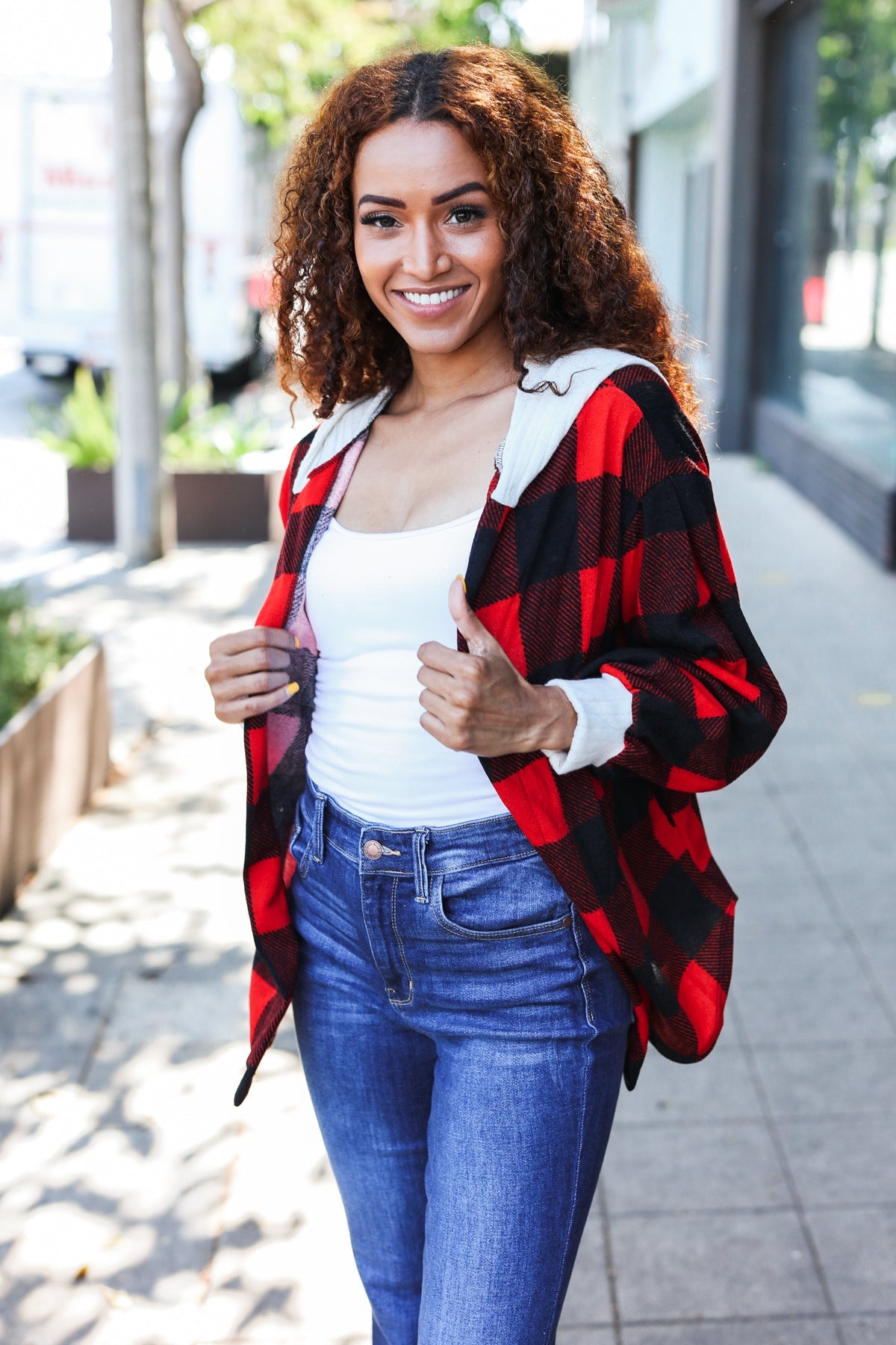 Stepping Out Red Buffalo Plaid Ribbed Hooded Sweater