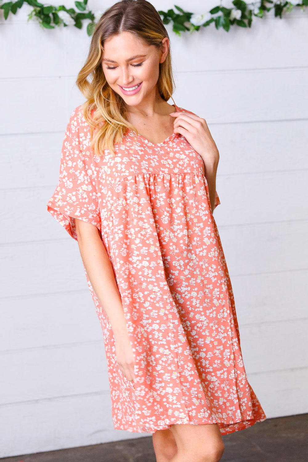 Peach Ditzy Floral Woven Dolman V Neck Dress