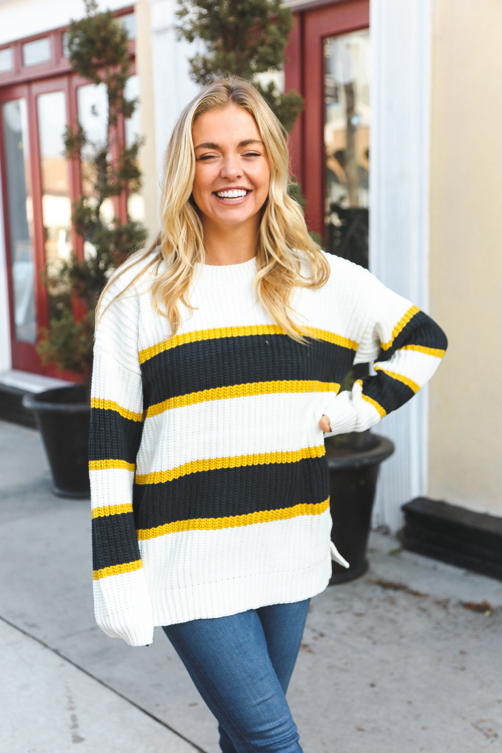 Casual Chic Yellow & Ivory Stripe Oversize Knit Sweater