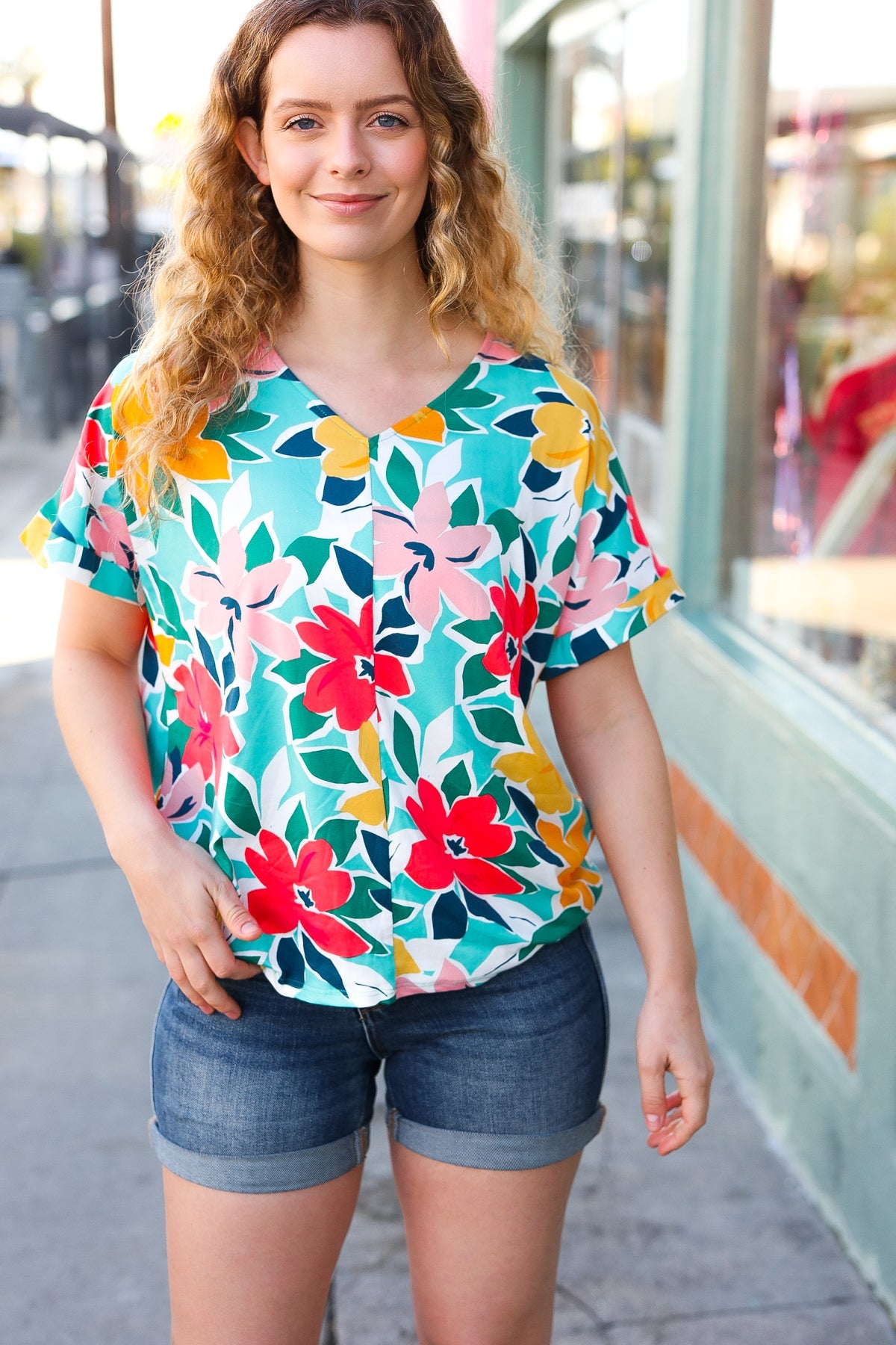 Teal & Coral Flat Floral V Neck Top