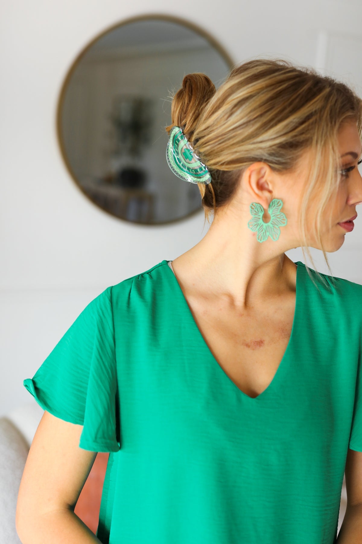 Green Vintage Metal Flower Power Earrings