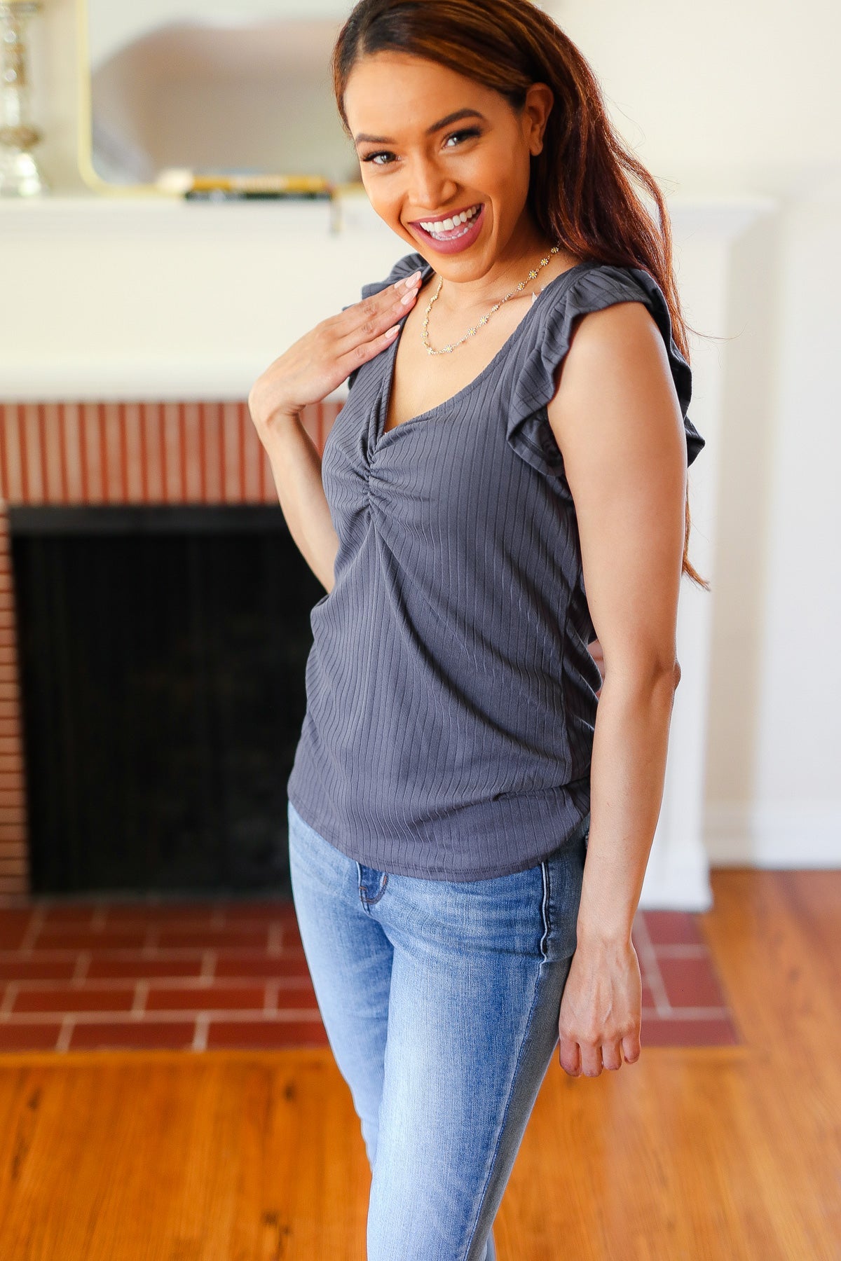 Sunny Days Charcoal Sweetheart Neckline Ribbed Top