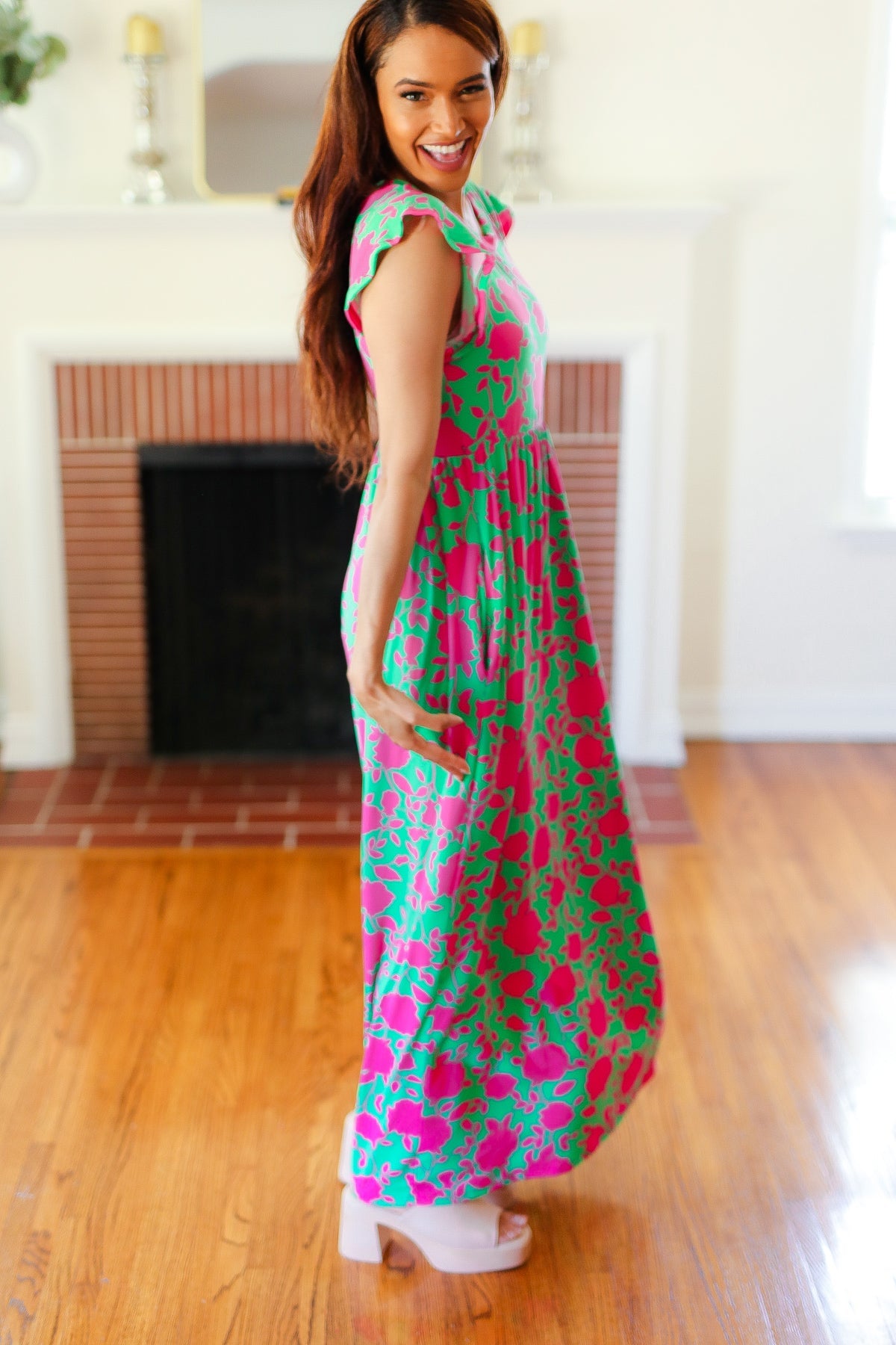 Stand Out Green & Fuchsia Floral Fit & Flare Maxi Dress