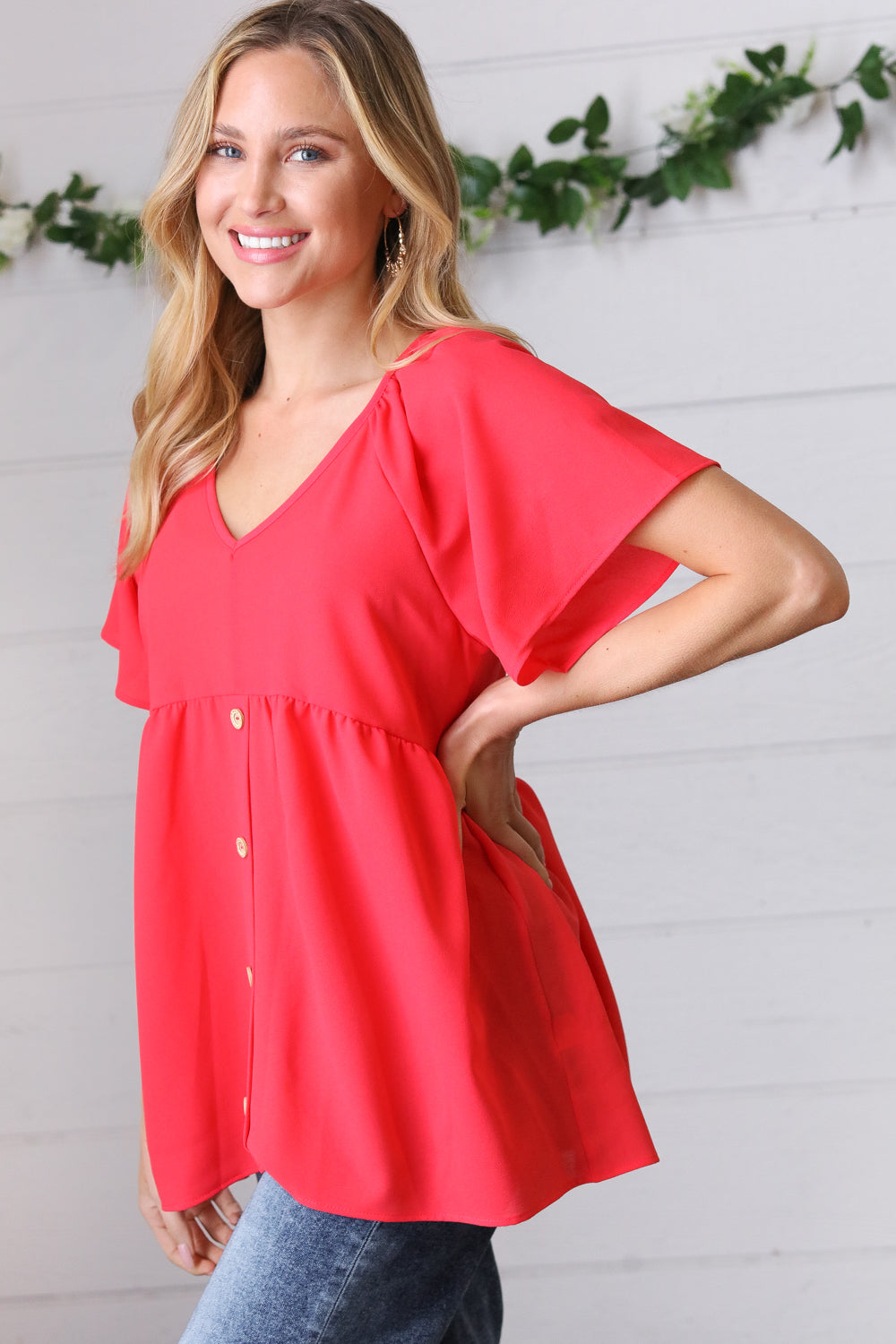 Cherry Red Babydoll Button Down Raglan Woven Top