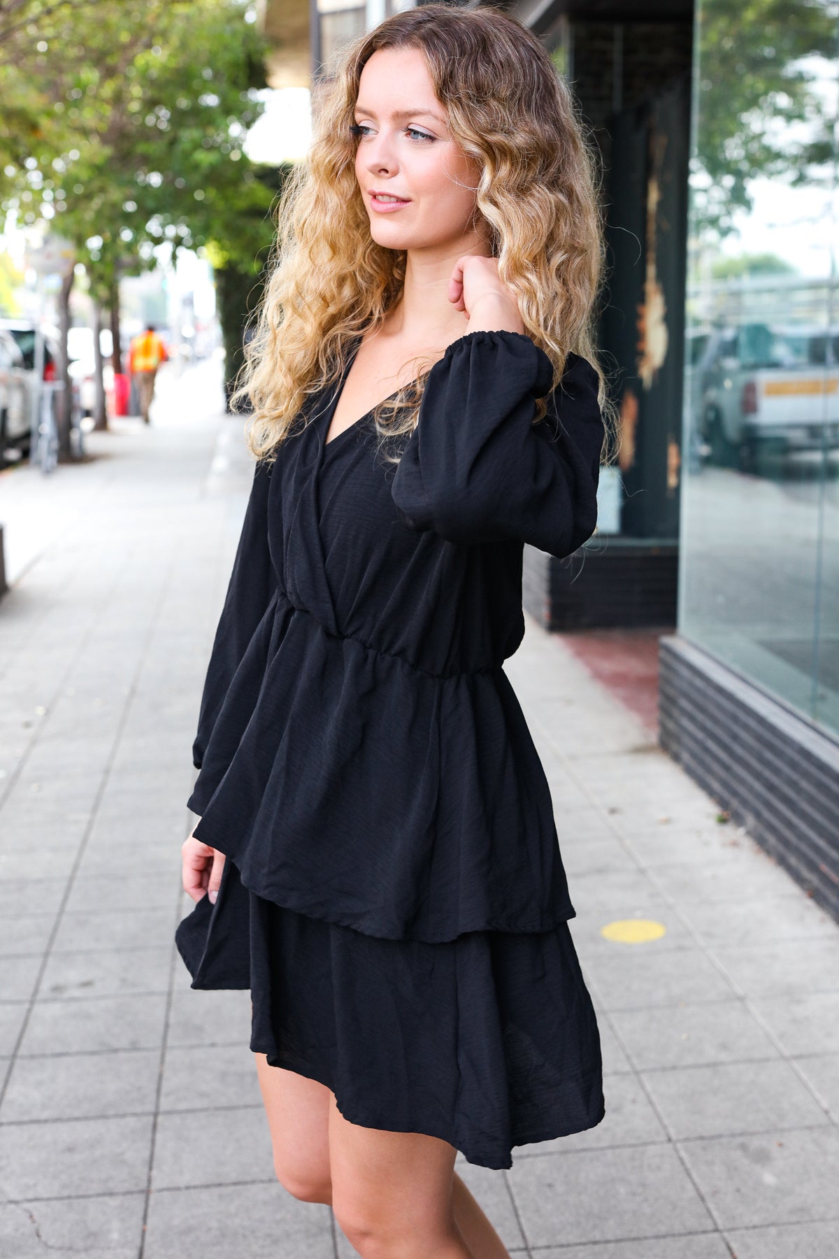 Falling In Love Black Surplice Tiered Woven Dress