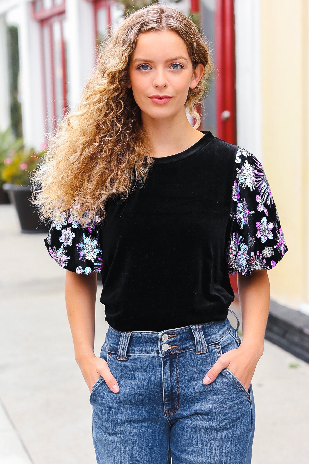 Feeling Glamorous Black Floral Sequin Puff Sleeve Velvet Top