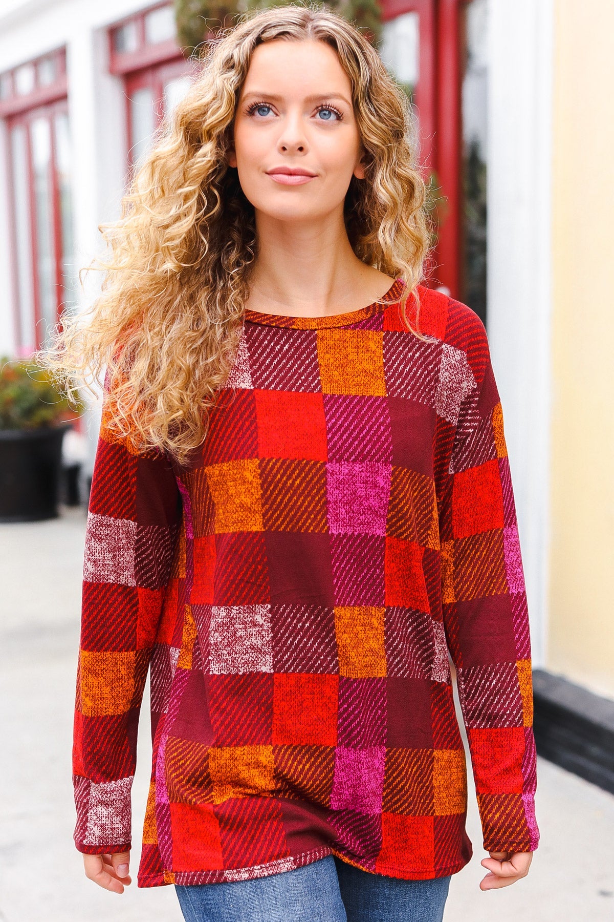 You Got This Burgundy Checker Plaid Print Hacci Knit Top