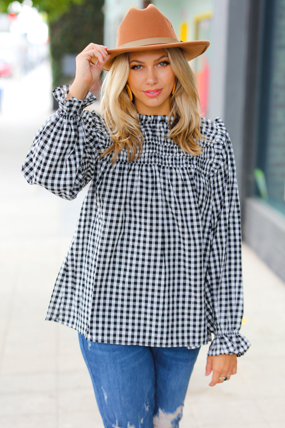 Black Gingham Shirred Yoke Mock Neck Frilled Top