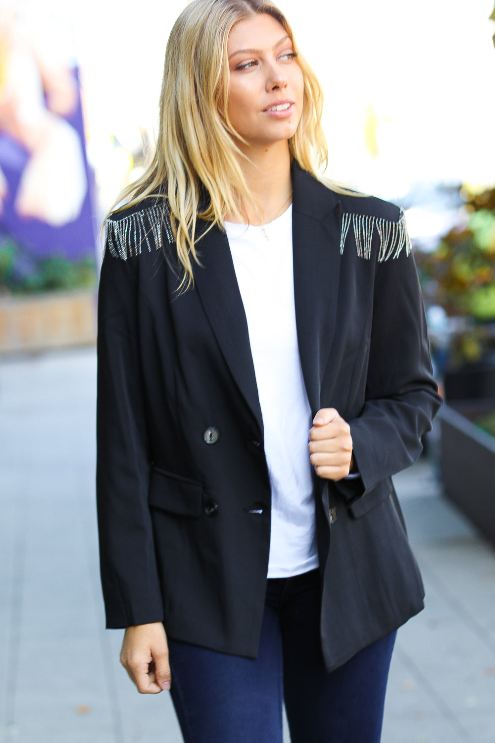 Holiday Ready Black Shoulder Tassel Fringe Blazer