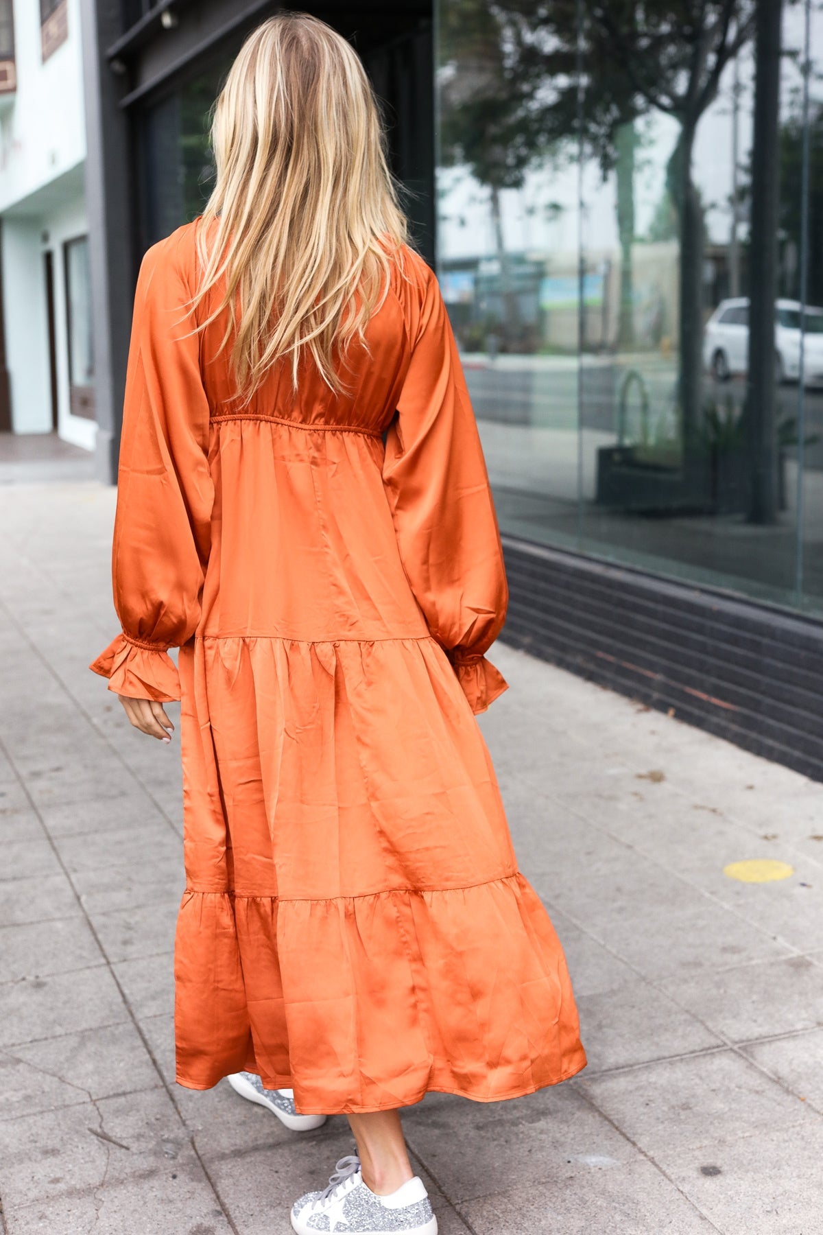 Elegant Rust Elastic V Neck Tiered Satin Maxi Dress