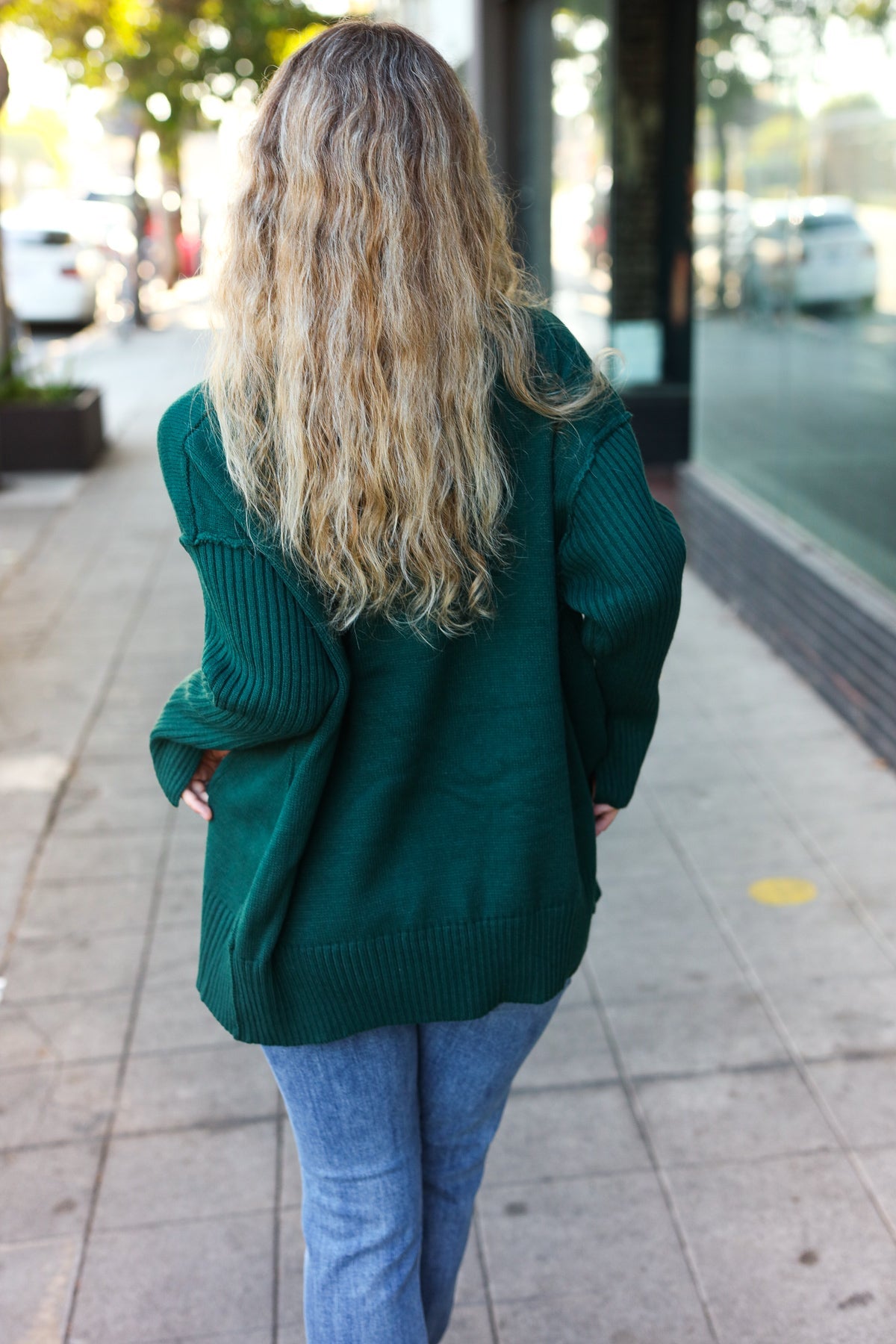 Casual Chic Hunter Green Oversized V Neck Rib Knit Sweater