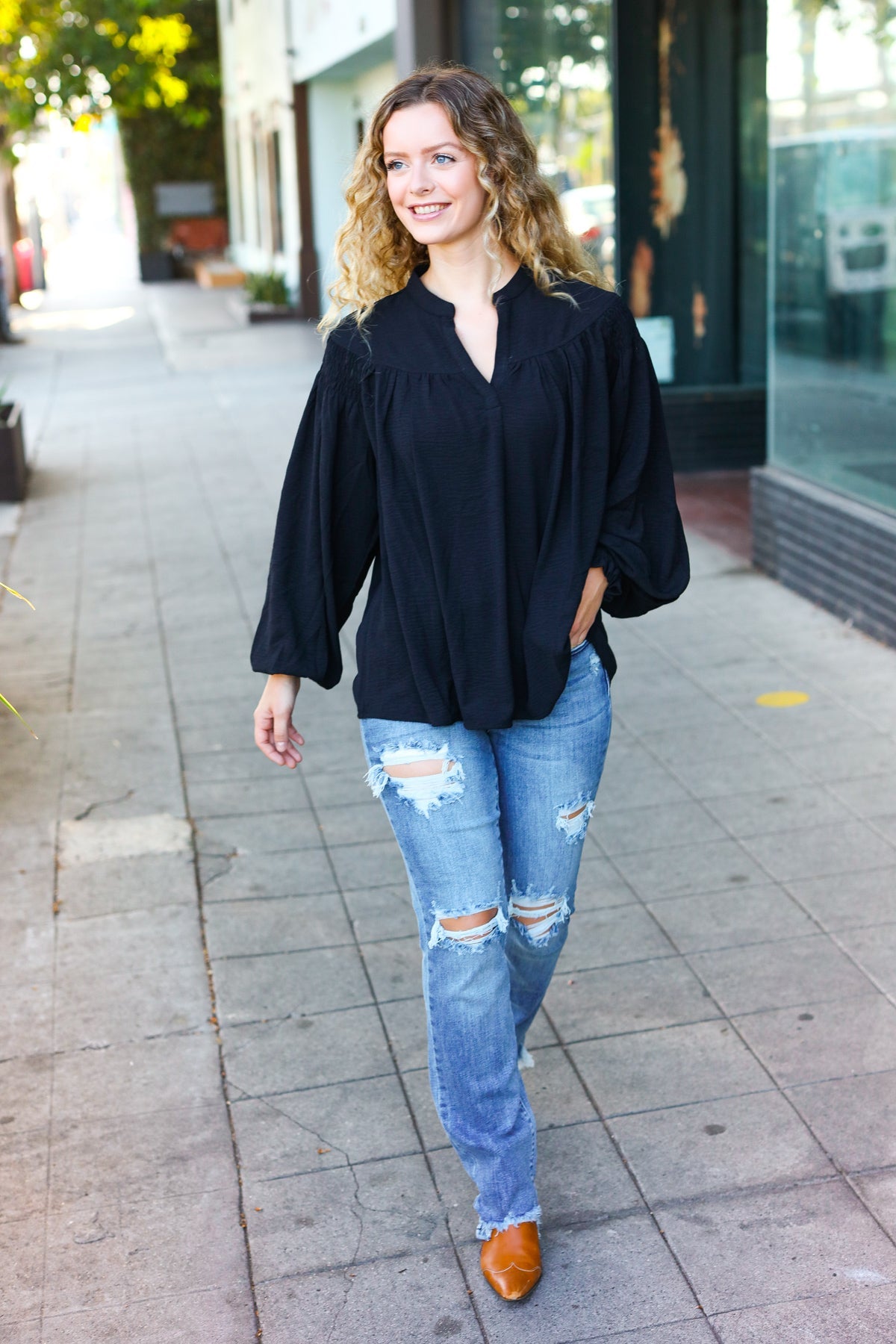 Boho Vibes Black Notched Neck Smocked Bubble Sleeve Top