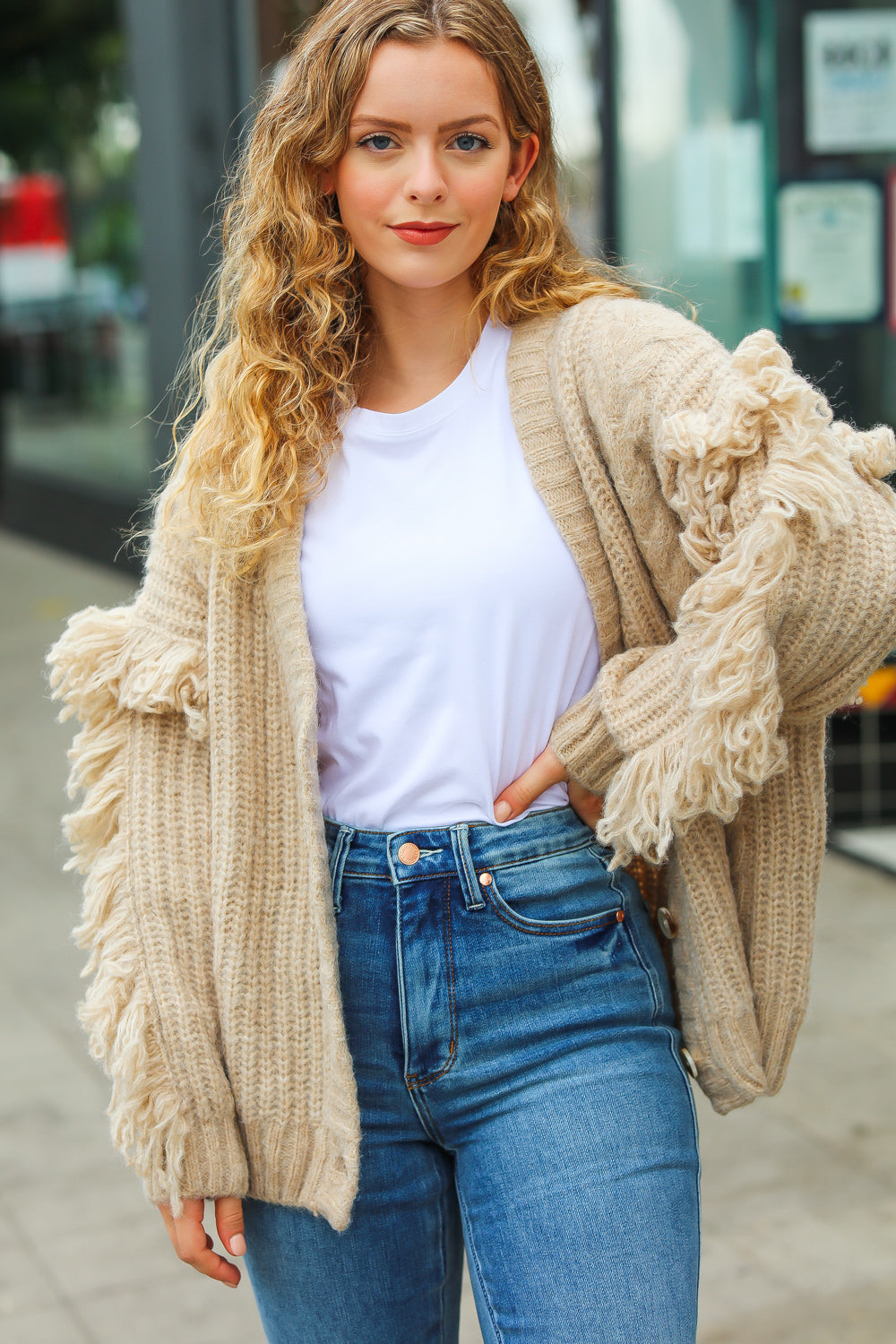 Weekend Ready Oatmeal V Neck Fringe Chunky Cable Cardigan