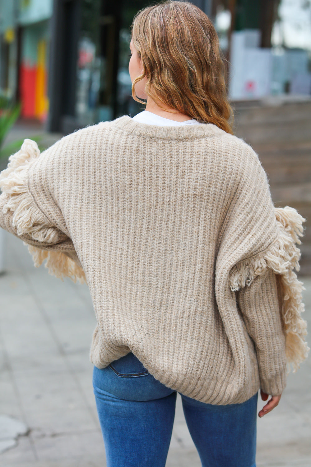 Weekend Ready Oatmeal V Neck Fringe Chunky Cable Cardigan