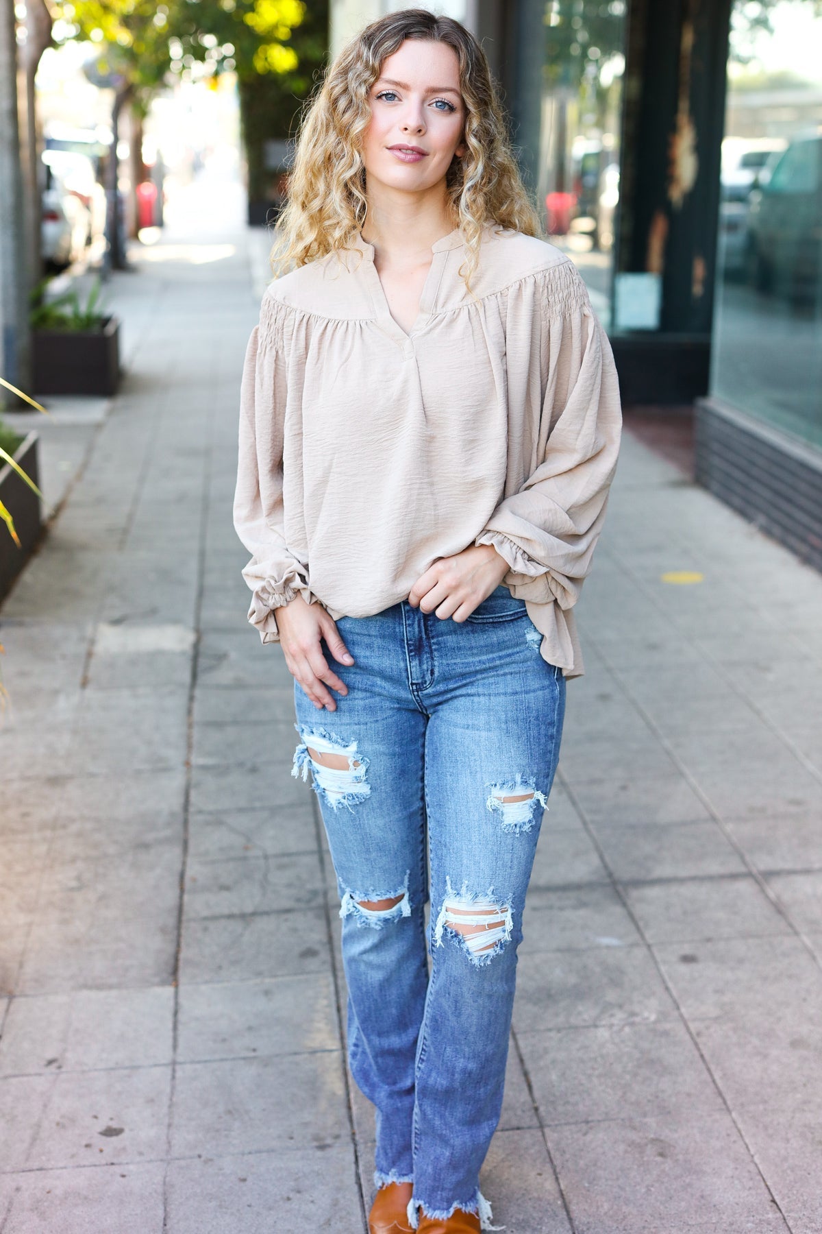 Boho Vibes Taupe Notched Neck Smocked Bubble Sleeve Top