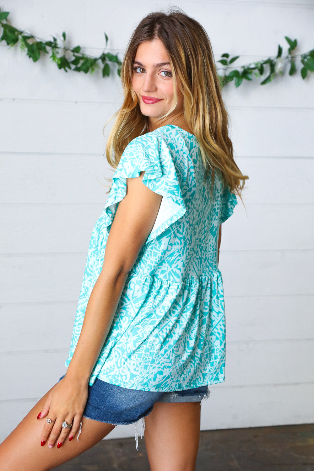 Aqua Boho Print Ruffle Short Sleeve Babydoll Top