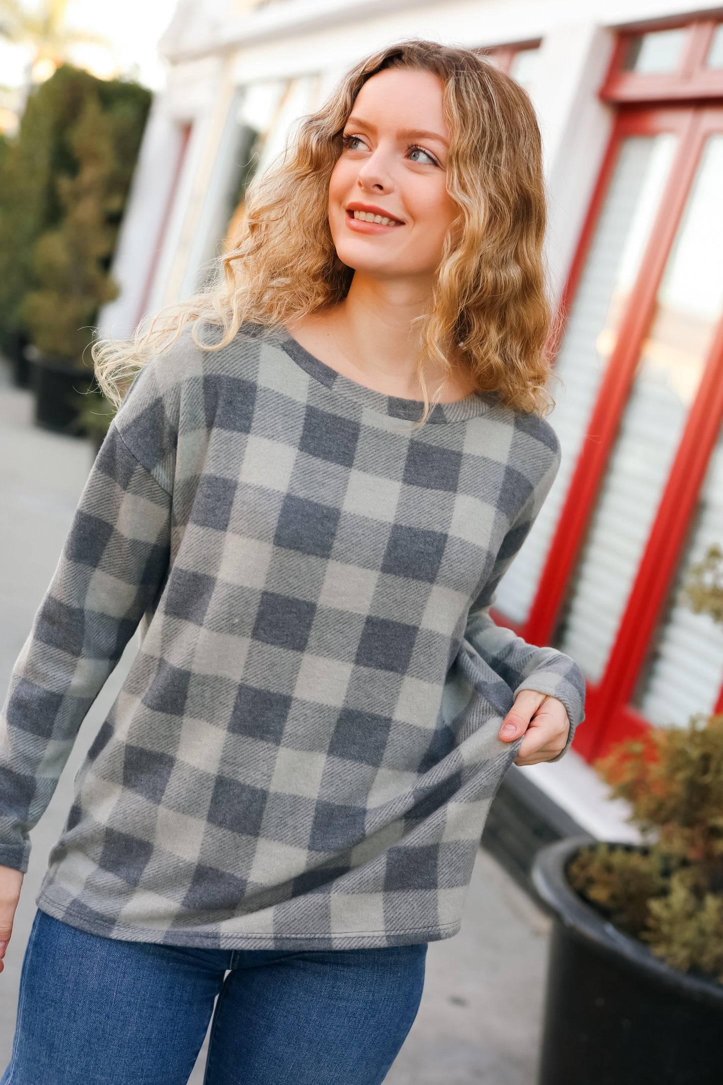 Check It Out Olive Grey Checker Plaid Hacci Pullover