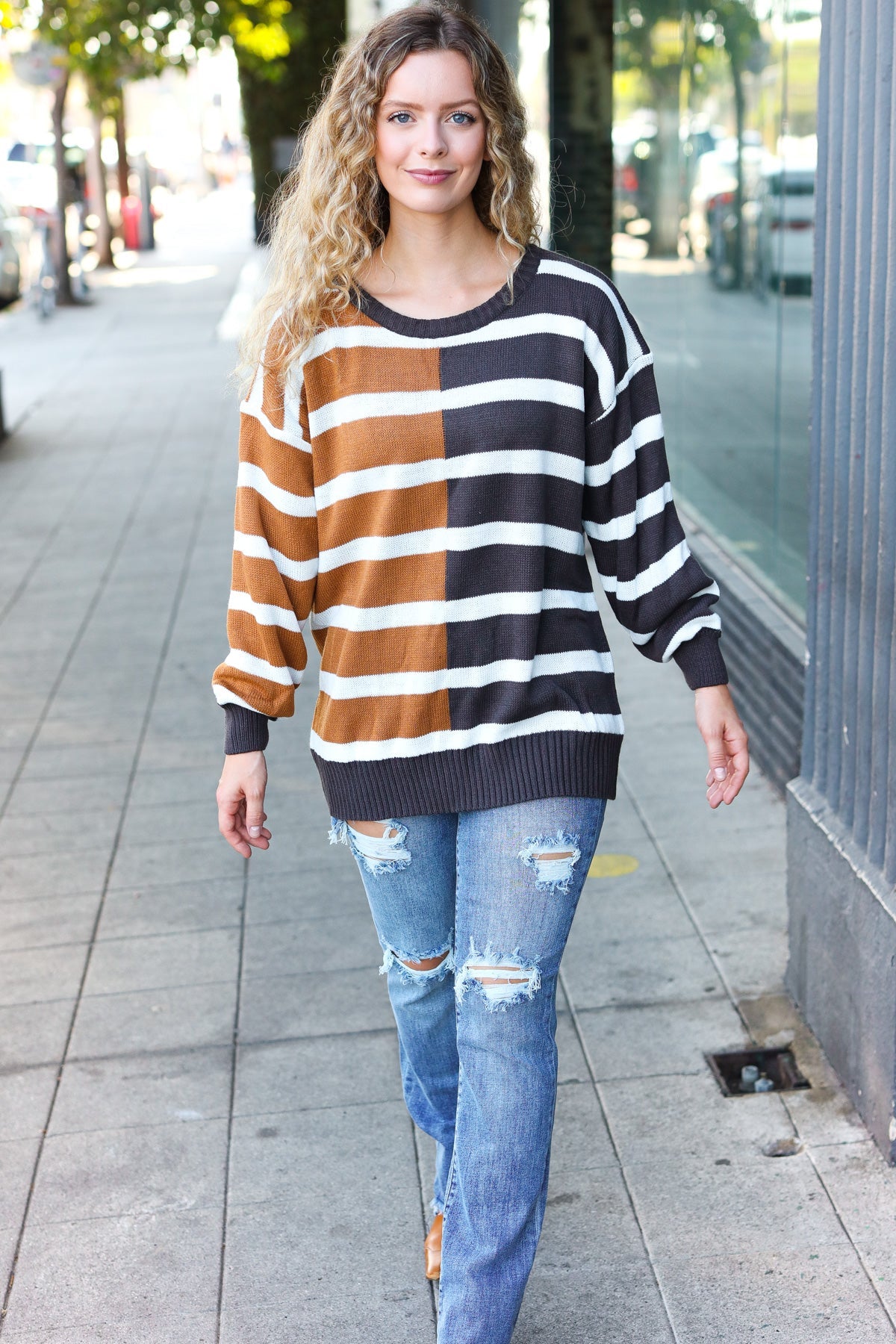 Camel & Charcoal Striped Color Block Sweater