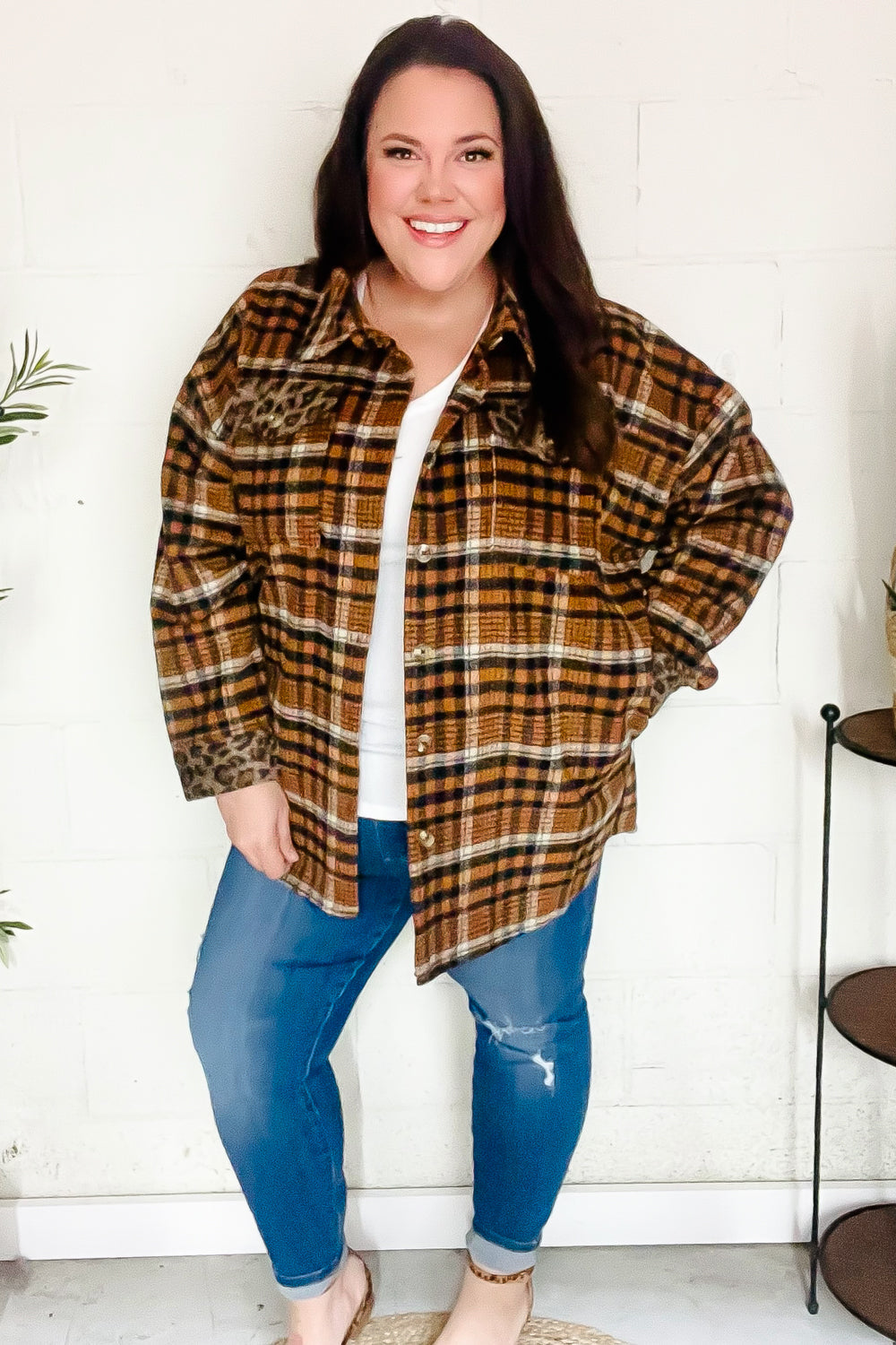 Put Together Rust Plaid & Animal Print Button Down Jacket