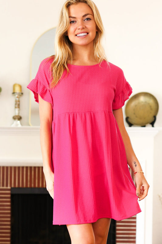 Summer Days Fuchsia Waffle Knit Ruffle Sleeve Babydoll Dress