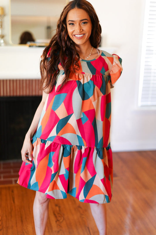 Stand Out Magenta & Teal Geometric Yoke Woven Dress