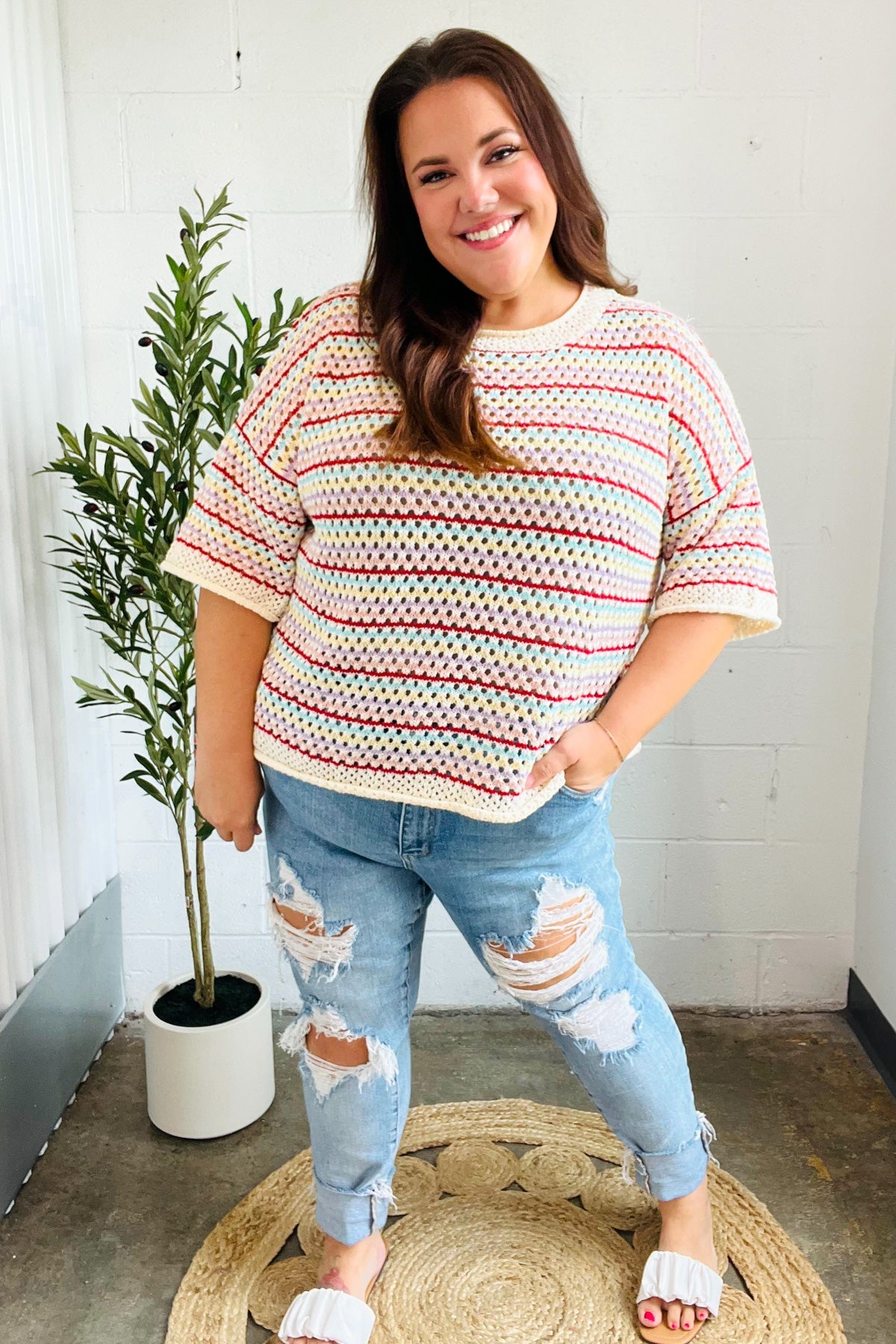 Stand Out Oatmeal & Lavender Stripe Netted Crochet Sweater Top