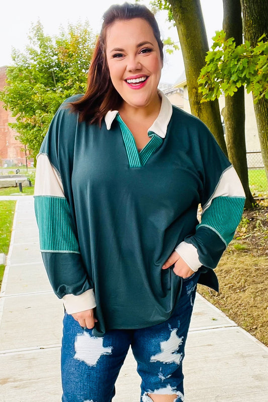 Falling For You Hunter Green Color Block Collared French Terry Top