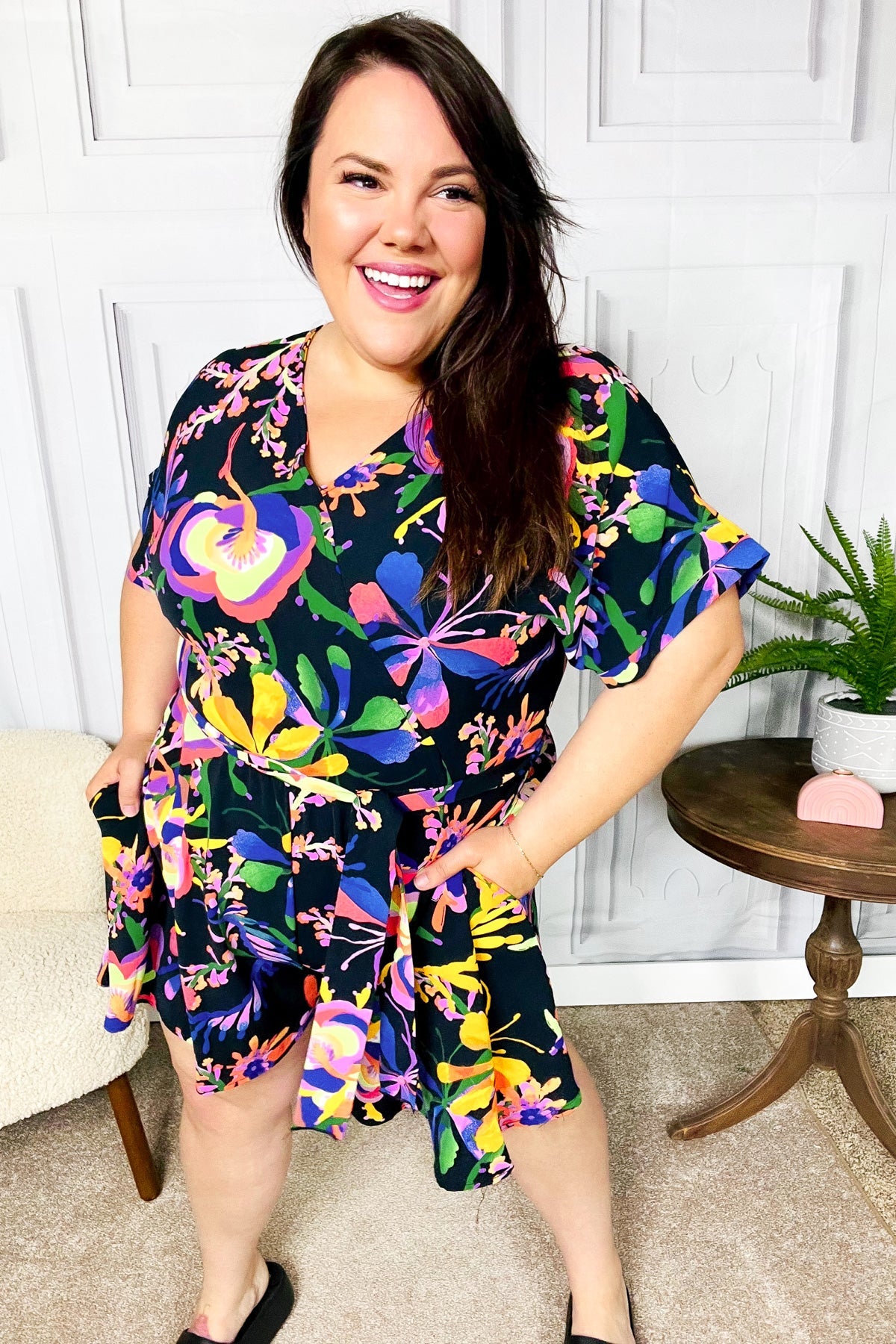 Live For Today Black Floral Surplice Woven Romper