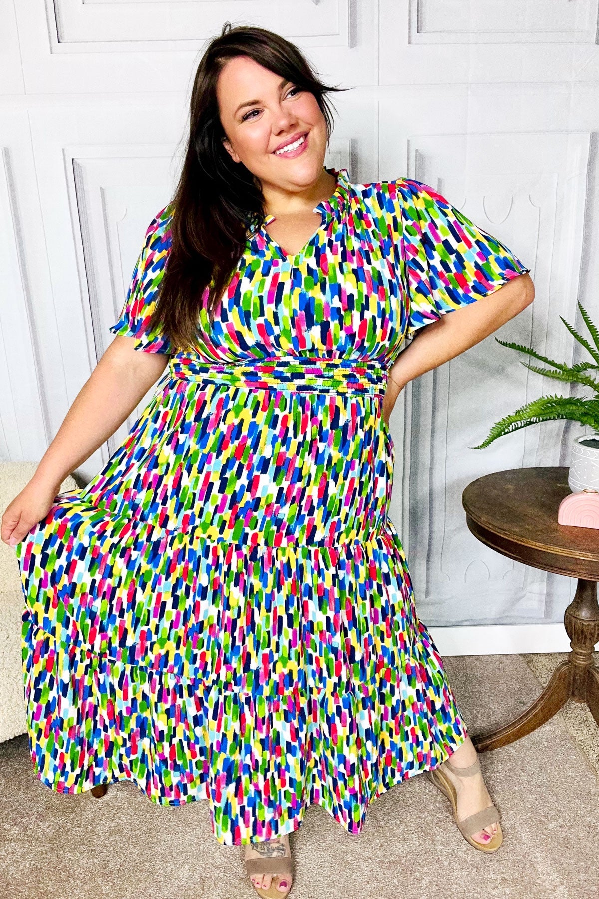 All For You Navy Multicolor Abstract Print Smocked Waist Maxi Dress