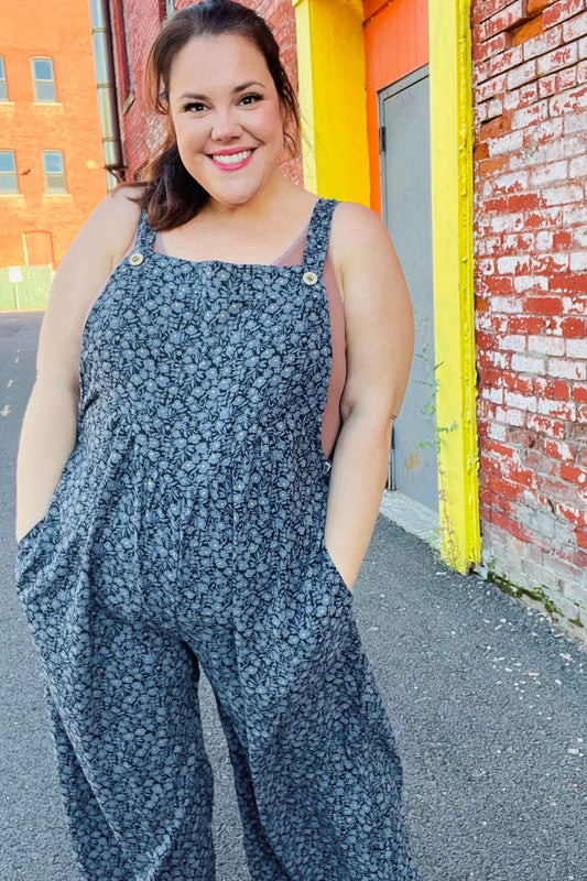 Feeling Femme' Charcoal Floral Print Baggy Overall Jumpsuit