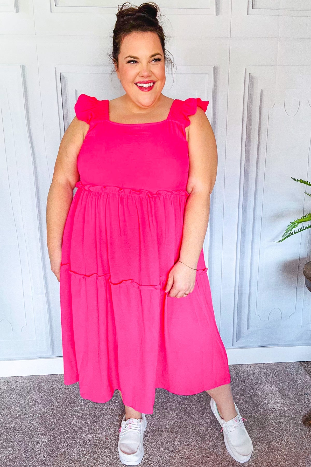 Lots To Love Fuchsia Smocked Flutter Sleeve Tiered Midi Dress