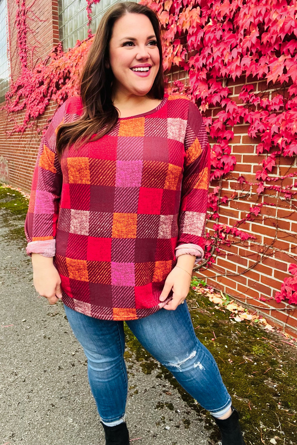 You Got This Burgundy Checker Plaid Print Hacci Knit Top