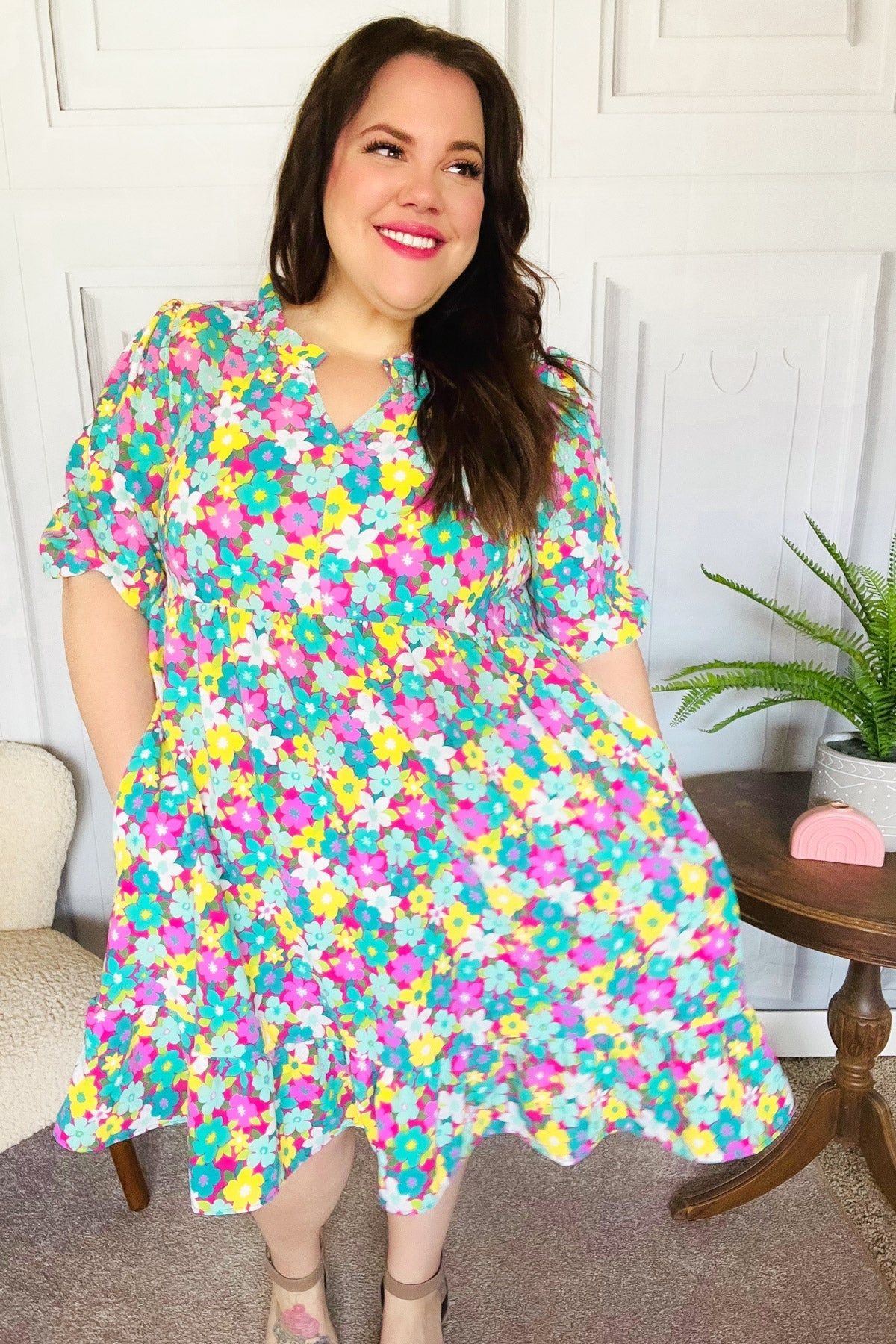 Can't Say No Mint & Fuchsia Floral Notch Neck Bubble Sleeve Dress