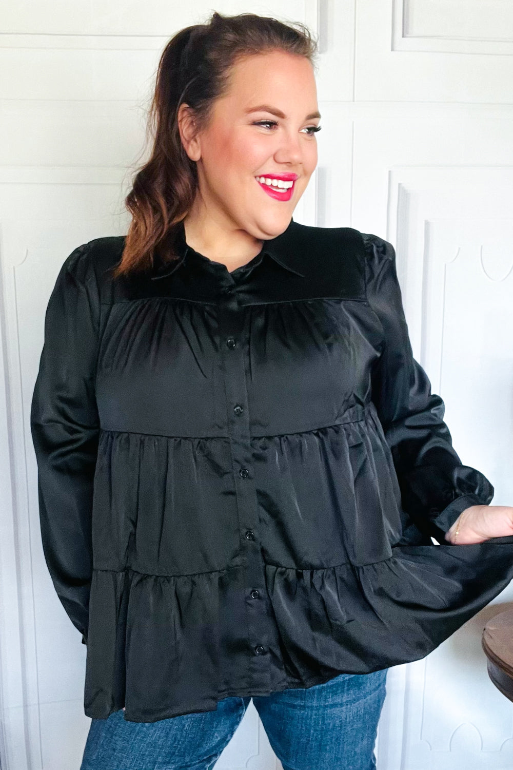 Perfectly You Black Button Down Tiered Babydoll Satin Top