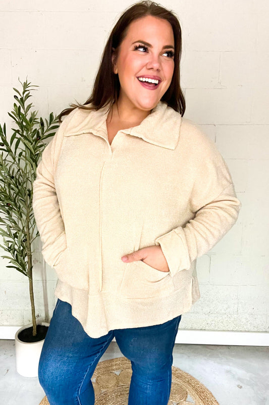 Easy Living Oatmeal Textured Knit Notch Neck Oversized Collar Sweater