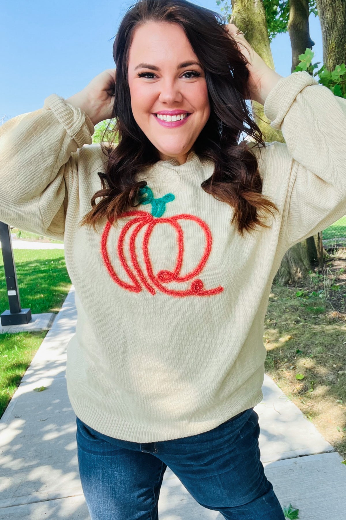 Pumpkin Spice Metallic Yarn Embroidered Oversized Sweater