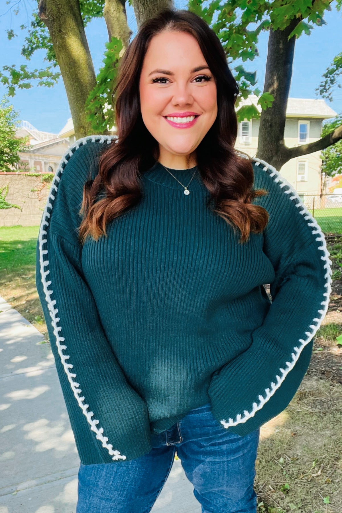 Fall Vibes Hunter Green Rib Knit Large Stitch Oversized Sweater