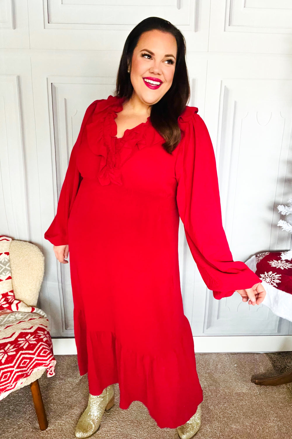 Beautiful You Holiday Red Overlap Ruffle V Neck Midi Dress